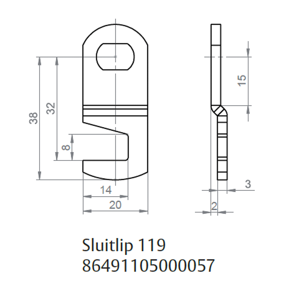 86491105100057 ASSA Sluithaak 119 met verzet 2mm haak L=38mm uitsparing horizontaal