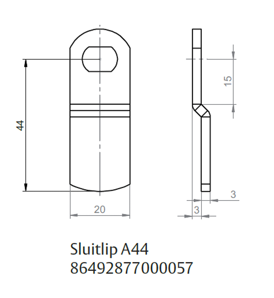 86492877000057 ASSA Sluithaak A44 met verzet 3mm L=44mm uitsparing horizontaal