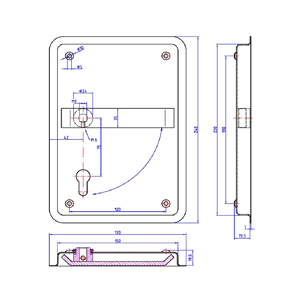 27GM-0001.0 Verzonken deurgreep met 9 mm krukgat-kruk links gemonteerd- RVS geb.